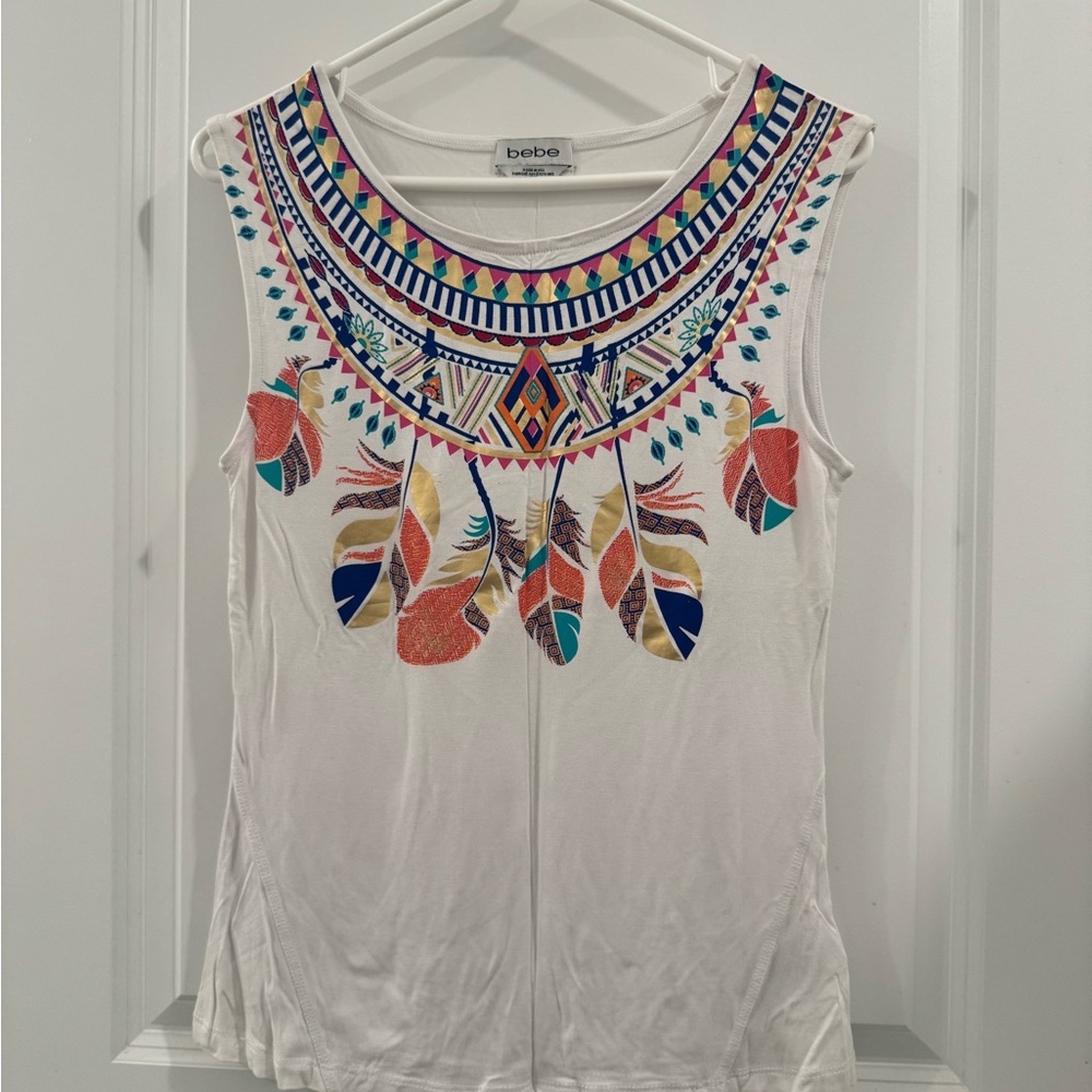 New Bebe White Tank Top with Multicolor Feather Pattern